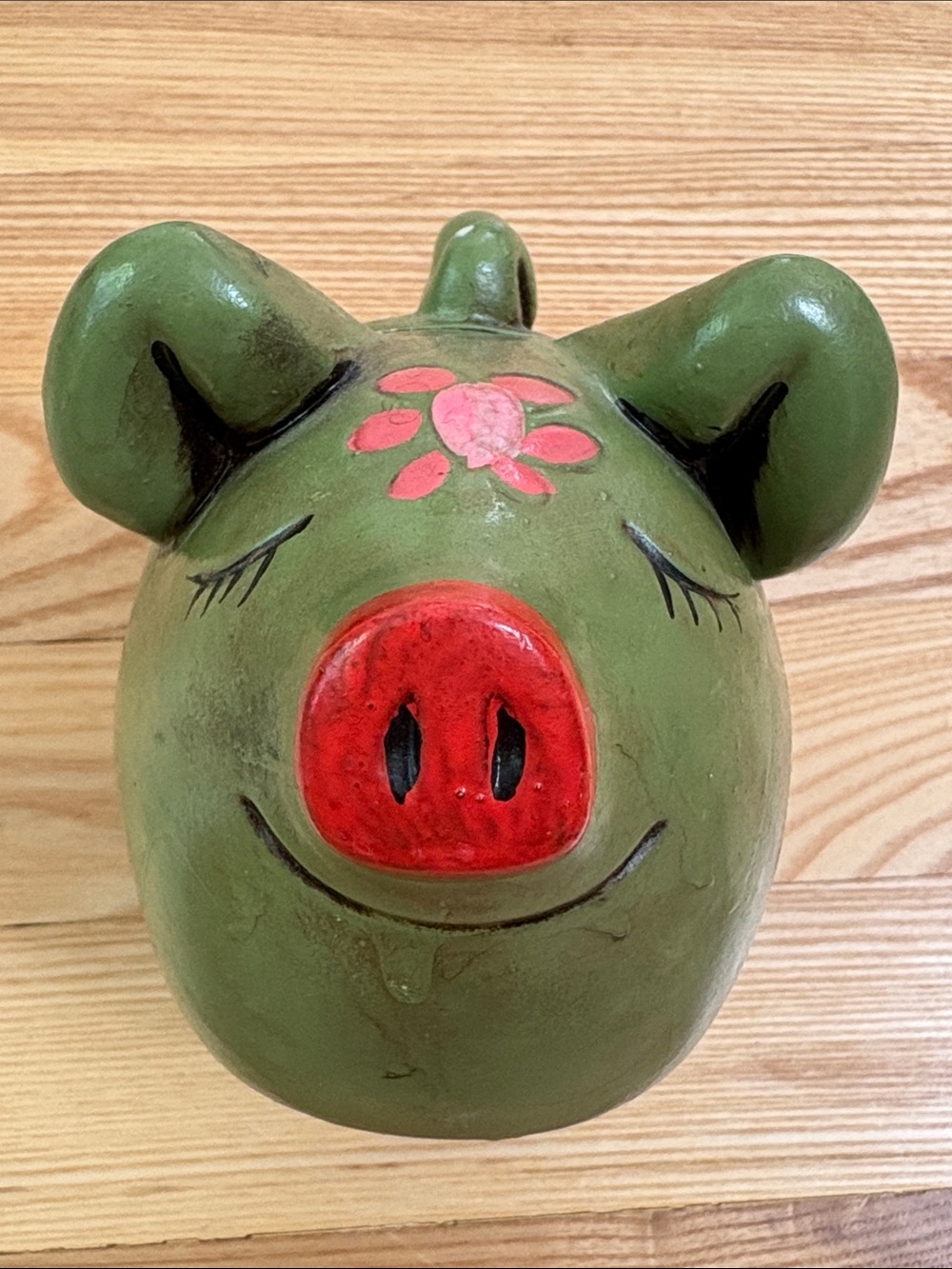 Vintage 1970s Groovy Green Floral Ceramic Piggy Bank Hand Painted Pink Daisies - Picture 6 of 9